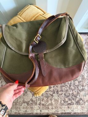 Olive Green Canvas and Brown Leather Satchel - Timeless Crossbody